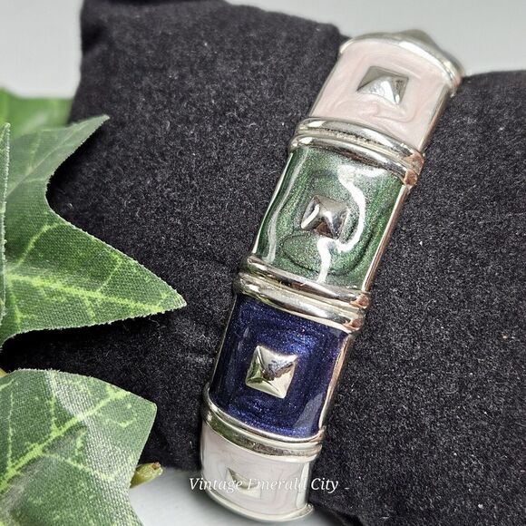 Vtg Geo Glam Enamel Clamper Silver Tone Hinge Bangle Bracelet Green Pink & Blue - Picture 8 of 12